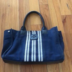 Navy blue and white Tory Burch tote